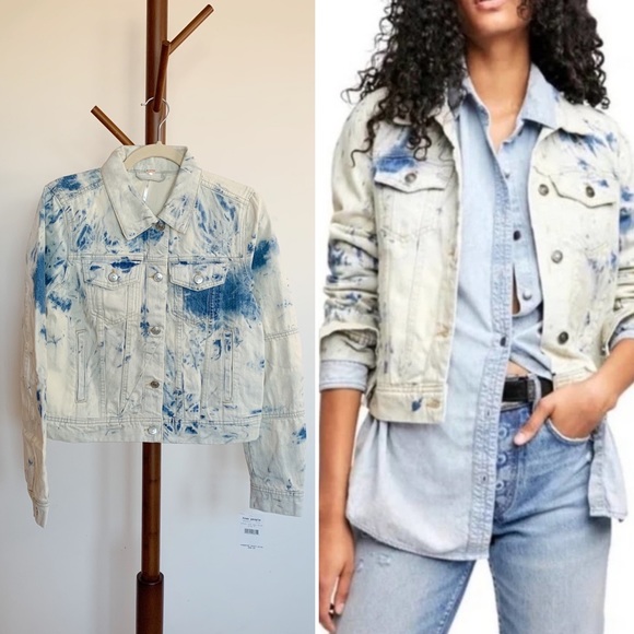 Free People Jackets & Blazers - NWT FREE PEOPLE Rumors Denim Jacket Jones Tie Dye Blue Light Wash Denim Cotton